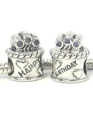 .925 Sterling Silver " Happy Birthday Cake w/ 6 Purple Cubic Zirconia " Bead Compatible with Pandora Chamilia Kay Troll Bracelet