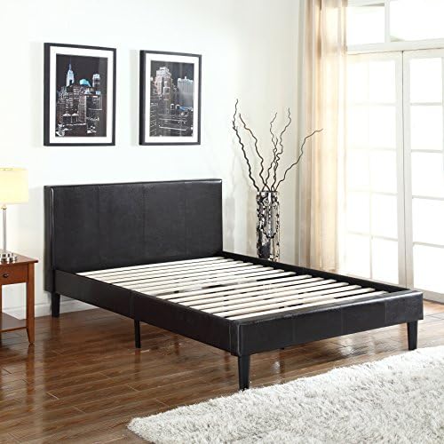 Modern Dark Espresso Bonded Leather Platform Bed Frame with Wooden Slats (King)