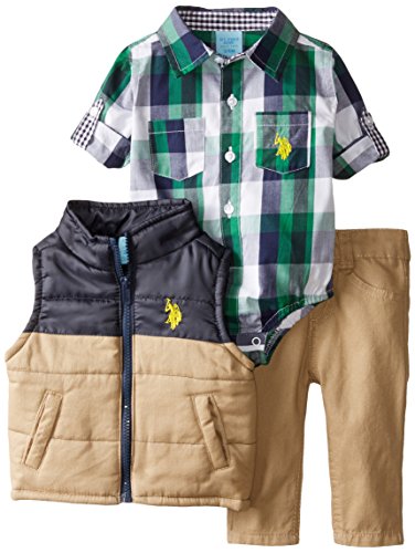 U.S. Polo Assn. Baby-Boys Newborn Puffer Vest Twill Jean and Woven Shirt, Classic Navy, 12 Months