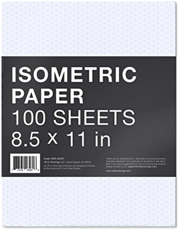 VELA Graph Paper, 8.5 x 11, 100 Loose Sheets, Premium 24lb Heavyweight Paper, Class-2 'Optimized' Paper (Isometric Grid Variation)