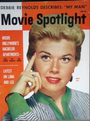 MOVIE SPOTLIGHTS magazine, April 1955 with Doris Day on the cover. Scarce. Inside we have articles/photos candids Alan Ladd, June Allyson, Grace Kelly, Donald O'Connor, Robert Mitchum, Cary Grant and Lauren Bacall.