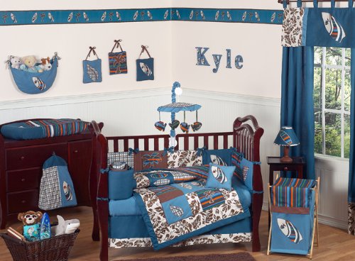 Blue and Brown Tropical Hawaiian Surf Beach Baby Boy Bedding 9pc Crib Set by Jojo Designs