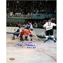 Eddie Giacomin New York Rangers - Save vs. Blackhawks - Autographed 8x10 Photograph with HOF Inscription