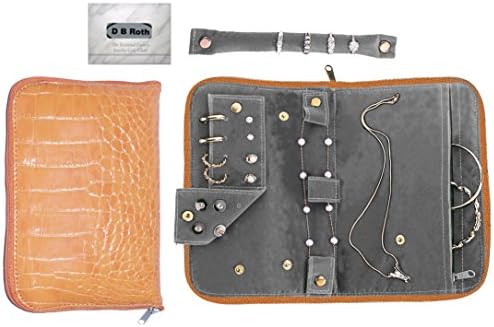 Anti-Tarnish Jewelry Organizer (Orange Crocodile Design) with Removable Ring Stub, Earring Pad, Secure-Snap Loop for Necklaces &amp; Large Pocket for Loop Earrings &amp; Bracelet + DB Roth 100% Cotton Flannel All-in-one Jewelry Cleaning Cloth