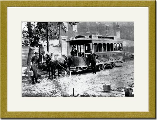Gold Framed/Matted Print 17x23, Three Men and Trolley, Philadelphia, PA