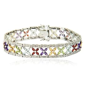 Rhodium Overlay Sterling Silver Multi-Gemstone and Diamond Flower Bracelet, 8 by Amazon.com Collection