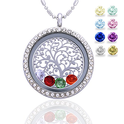 Family Tree of Life Birthstone Necklace Jewelry - Gifts for Mom Floating Charm Living Memory Lockets Pendant