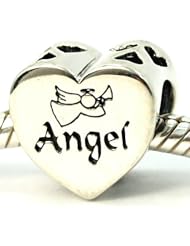 .925 Sterling Silver " 2 Sided Angel on Heart " Charm Bead Compatible with Pandora Chamilia Kay Troll Bracelet