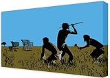 Banksy Trolley Hunting African Hunters - Hunting Tesco Trolleys Stencil Graffiti Urban - 32x20 Canvas Art Print Picture Ready to Hang on Your Wall