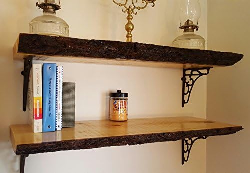 Rustic Real Bark Edge Solid Walnut Wooden Shelves Set. 36"x12"x2" (Set of 2). Cast Iron Brackets Included!