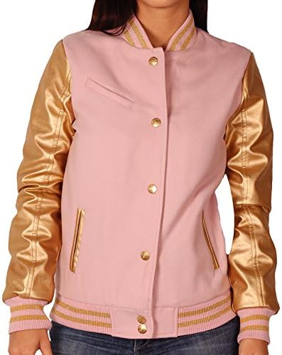 Sportier Junior Wool Blend Varsity Jacket With Faux Leather Sleeves, Pink/Gold, Size Medium