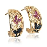Yellow Gold Plated Sterling Silver Sapphire and Ruby Butterfly Half-Hoop Earrings