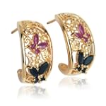 Yellow Gold Plated Sterling Silver Sapphire and Ruby Butterfly Half-Hoop Earrings
