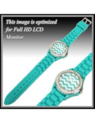 Designer Inspired Teal Turquoise & White Chevron Fashion Watch. Size 9.6"l X 1.7"w Stainless Steel Back.