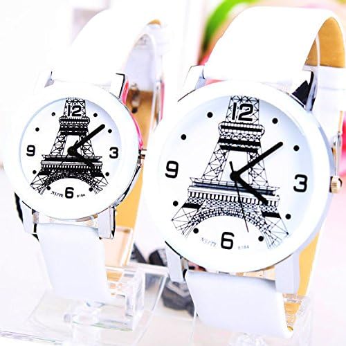 Pair Couple Lover Vintage Stylish Eiffel Tower Leather Strap Quartz Watch-White