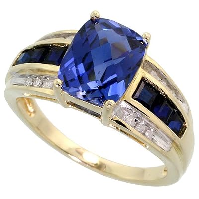 10k Gold Stone Ring, w/ 2.28 Total Carat Lab Created Blue Sapphire Stones & Brilliant Cut Diamonds, 3/8