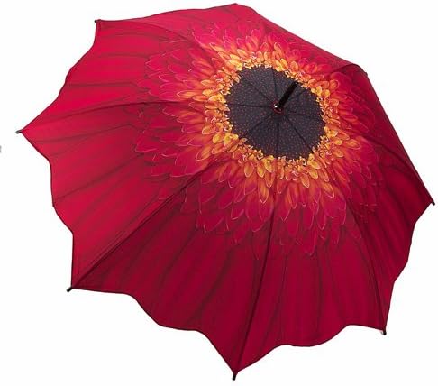 Galleria Large Red Daisy Flower Stick Umbrella Scalloped Edge