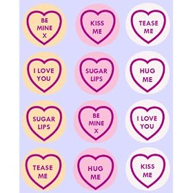 12 Love Heart Sweets Toppers rice paper fairy / cup cake 40mm pre cut decoration Love hearts Valentine