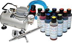 MASTER Cake Decorating Airbrush Kit with 12 Large 4.5-oz Food Color Set With Airbrush Depot 1 Year Warranty Tankless Compressor and 6 Foot Air Hose Set