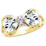 14K Yellow or White Gold Twin Heart Gemstone and Diamond Ring-White Topaz-full, half sizes from 5-8.5