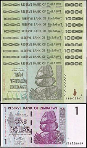 Zimbabwe 10 Trillion USED X 10 Banknotes = 100 Trillion + 1 Dollar (Currency)