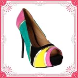 Women's Qupid Black Velvet Colorblock High Heel Stiletto Platform Pumps (Neutral196)