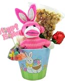 Plush Toy Pink Stripe Sock Monkey with Bunny Ears with Carmel Popcorn and Assorted Candy in Pastel Color Happy Easter Basket