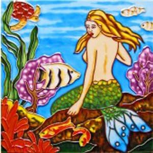 Green Tail Mermaid Decorative Ceramic Wall Art Tile 8x8