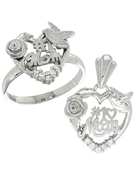Sterling Silver #1 Mom Ring & Pendant Set CZ Stones Rhodium Finished