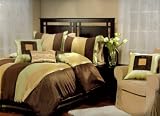 LUXURY SILK STRIPE 7PC. COMFORTER SET W/ MATCHING DECORATIVE PILLOWS CHOCOLATE BROWN / BEIGE / SEA MIST