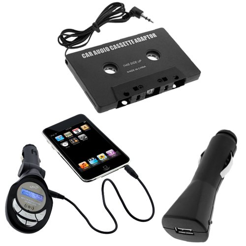 GTMax Black USB Car Charger Adapter + Black Car Stereo Audio Cassette Tape Adapter + Black FM Transmitter with SD Slot and IR Remote (SD / MMC / USB Port / MP3) for Verizon CMDA & AT&T GSM Apple Iphone 4G , Ipod Touch iTouch 4G 4th , Apple Ipod Cl