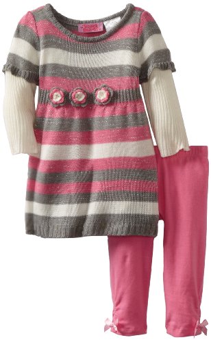 51bF0zYgkBL Young Hearts Baby girls Infant 2 Fer Crochet Flower Sweater Dress Legging Set, Gray, 24 Months