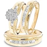 1/2 Carat T.W. Round Cut Diamond His and Hers Trio Matching Ring Set 10K Yellow Gold Three Ring - Ladies Engagement Ring, Wedding Band & Mens Wedding Band - Free Gift Box -