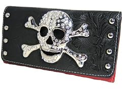 Rockabilly Skull buckle with crystals Tri Fold wallet Red and Black