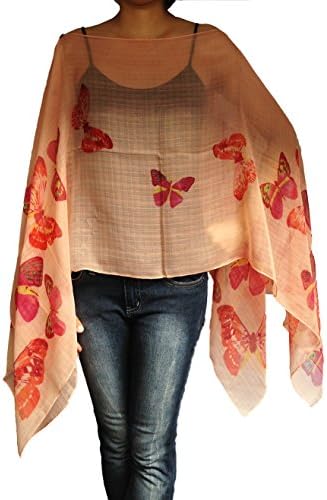 Scarf Caftan Tunic Poncho Cover-up, Butterfly Print, Orange Color