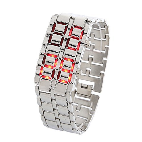 DAYAN Men's Lava Black Stainless Steel Bracelet Watch Silver and Red LED Digital Watch