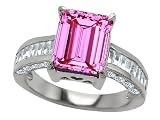 3.80 cttw 925 Sterling Silver 14K White Gold Plated Lab Created Emerald Cut Pink Sapphire Engagement Ring - Gold Plated Silver