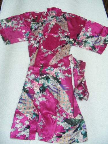 Women's 100% Thai Silk Robes- Asian Peacock Design- Bright Plum (Free Size)