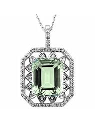 14K White Gold Emerald Cut Prasiolite (Green Amethyst) and Diamond Pendant -- LIFETIME WARRANTY