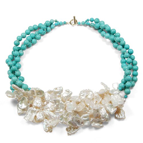 3 Strand Turquoise and Biwa Pearl with 14k Gold Toggle Clasp 20 Inch