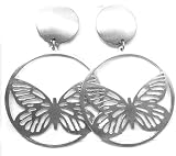 LARGE 3 Butterfly Outline Matte Silver Tone Hoop Clip-On Earrings