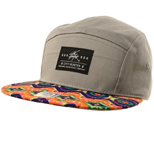 Men's Summer Cotton Psychedelic Print Visor 5 Panel Snapback Cadet Cap Hat Gray