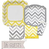 Chevron Yellow and Gray - Party Tableware Plates, Cups, Napkins - Bundle for 16