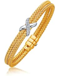 Basket Weave Bangle with Diamond Cross Accent in 14K Yellow Gold (7.0mm)