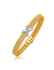 Basket Weave Bangle with Diamond Cross Accent in 14K Yellow Gold (7.0mm)