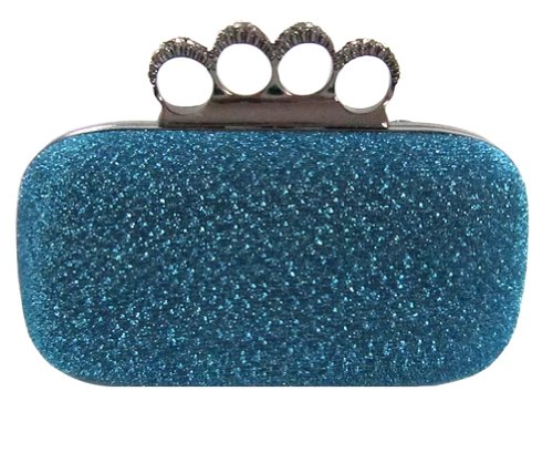 Chicastic Glitter Metallic Duster Four Ring Knuckle Clutch Evening Purse With Rhinestones
