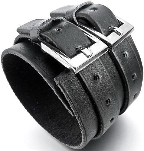 Salon Jewelry Wide Genuine Leather Mens Biker Bangle Cuff Bracelet, Punk Rock, Fits 7" to 8.5", Black