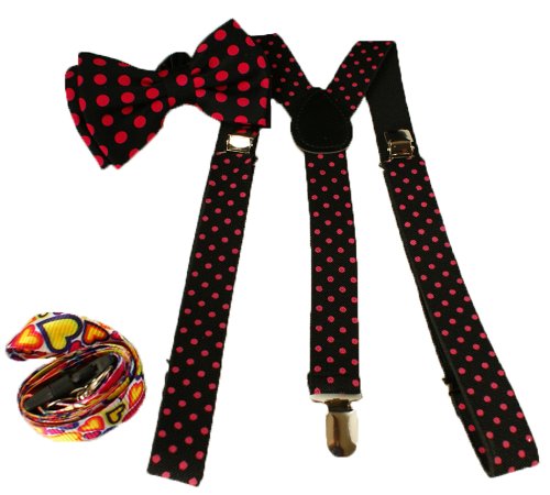 Brand New Awesome Polka Dot Pink-Black Bowtie & Suspender Sets
