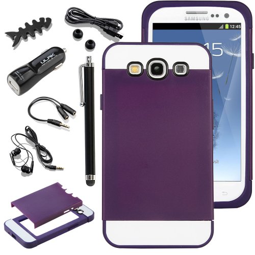 Pandamimi ULAK(TM)Hybrid TPU 2PC Layered Hard Case Rubber Bumper for Samsung Galaxy S3 SIII + 10in1 Accessories (Purple PC/Purple TPU)