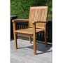 Outdoor patio stacking armchair teak wood vertical slat back seat armrests